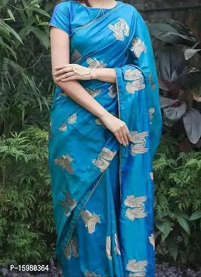 Stylish Pure Silk Blue Solid Ready to Wear (Stitched) Saree for Women