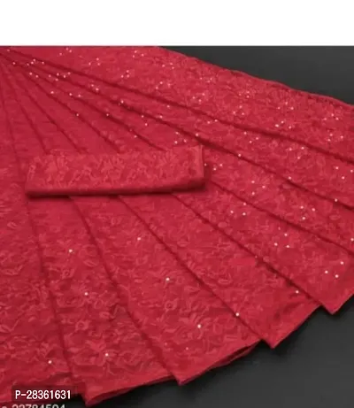 Beautiful Red Net Self-Design Saree With Blouse Piece For Women