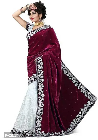 Beautiful Multicoloured Velvet Embroidered Saree With Blouse Piece For Women-thumb0