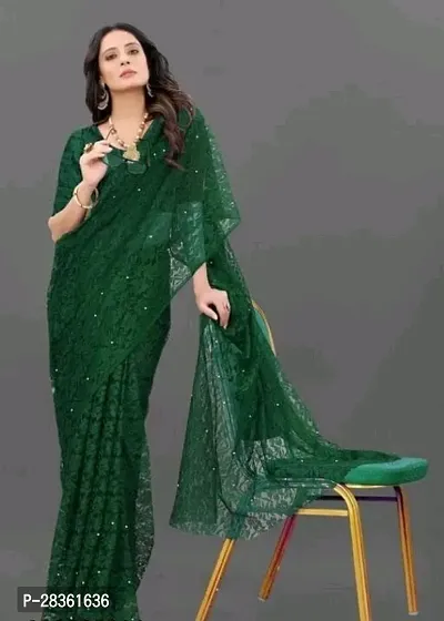 Beautiful Green Net Self-Design Saree With Blouse Piece For Women-thumb0