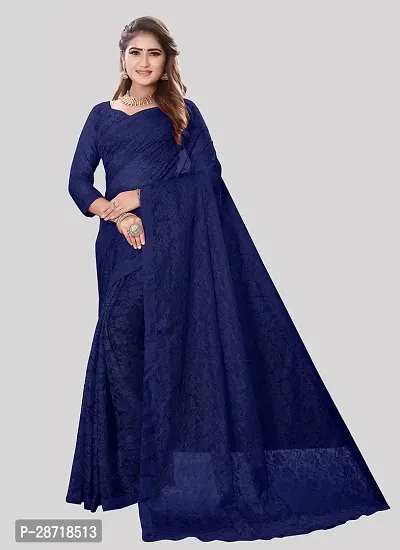 Stylish Net Navy Blue Solid Saree with Blouse piece