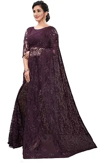 Beautiful Purple Net Self-Design Saree With Blouse Piece For Women-thumb2