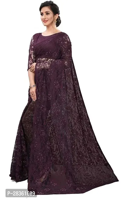 Beautiful Purple Net Self-Design Saree With Blouse Piece For Women-thumb3