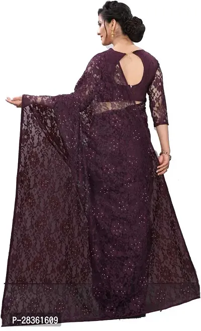 Beautiful Purple Net Self-Design Saree With Blouse Piece For Women-thumb2