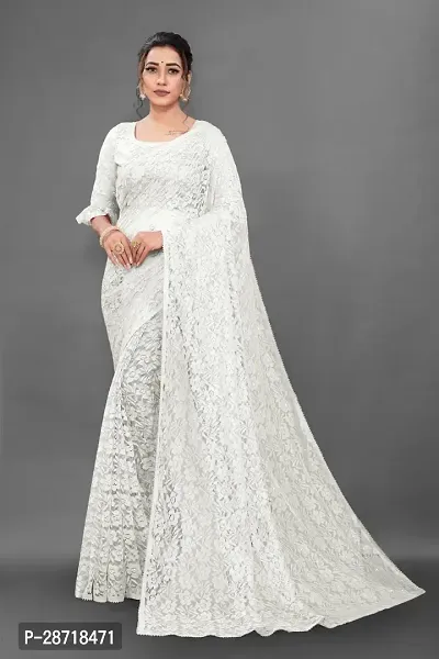 Stylish Net White Solid Saree with Blouse piece-thumb0