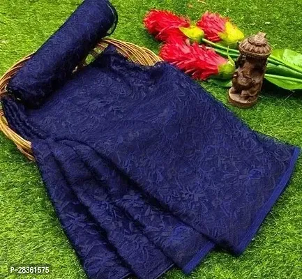 Beautiful Blue Net Self Design Saree With Blouse Piece For Women