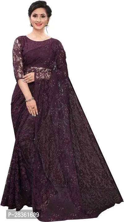 Beautiful Purple Net Self-Design Saree With Blouse Piece For Women-thumb0