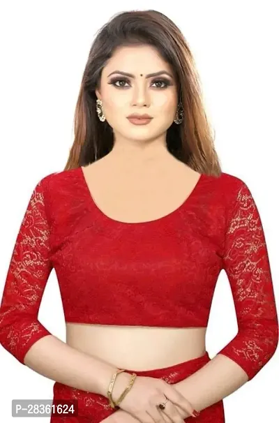 Beautiful Red Net Self-Design Saree With Blouse Piece For Women-thumb3