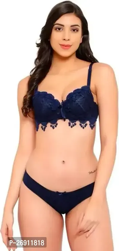 Stylish Navy Blue Bra And Panty Set For Women-thumb0