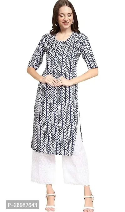 Elegant Crepe Printed Blue Round Neck 3/4 Sleeves Kurta For Women