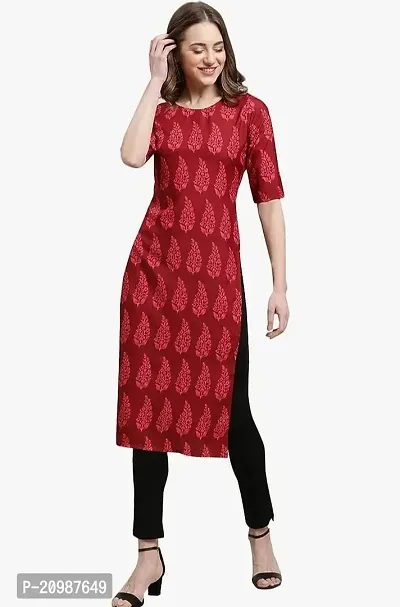 Elegant Crepe Leaf Design Print Red Round Neck 3/4 Sleeves Kurta For Women-thumb0