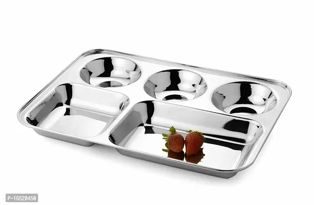 HappinessHills 5 in 1 Divided Partition Thali Silver Steel Plate, Dinner Tray, Deep Compartment, Bhojan, Heavy Gauge, 470gm, Pack of 1 pcs 34 x 26 x 3.5 cm-thumb0