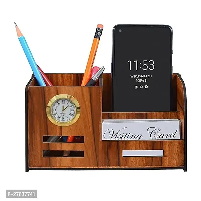 Pen Holder for Table Stylish  Wooden Pen Stand With Clock Mobile and Visiting Card Holder for Office Desk and Study Table  Multipurpose Desk Organizer Aesthetic AccessoriesBrown