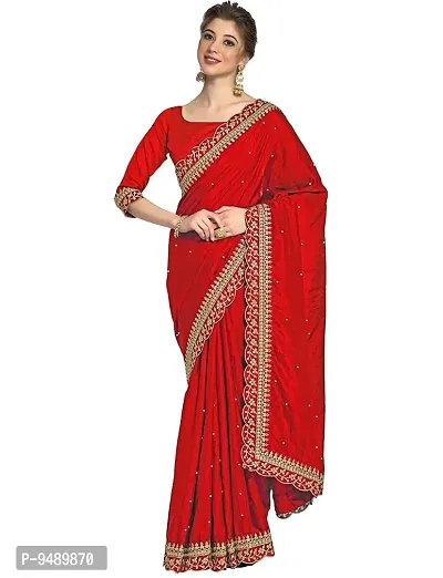 NK ENTERPRISE Women's Georgette Embroidery Border Work Saree With Blouse Piece (RED)