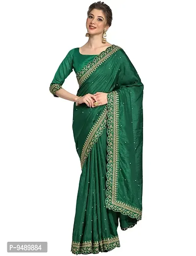 NK ENTERPRISE Women's Georgette Embroidery Border Work Saree With Blouse Piece (GREEN)