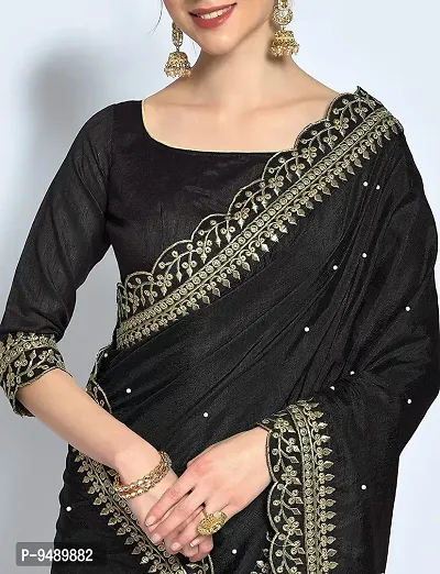 NK ENTERPRISE Women's Georgette Embroidery Border Work Saree With Blouse Piece (BLACK)-thumb4