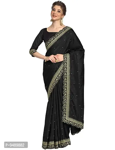 NK ENTERPRISE Women's Georgette Embroidery Border Work Saree With Blouse Piece (BLACK)-thumb0