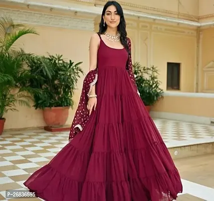 Stylish Maroon Kora Muslin Solid Fit And Flare Dress For Women-thumb0