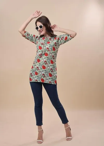 Elegant Green Printed Cotton Blend Short Kurta For Women