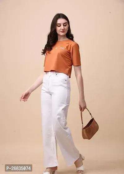 Elegant Orange Cotton Blend Printed Tshirt For Women