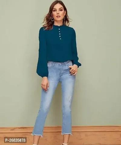 Elegant Blue Crepe Solid Top For Women-thumb0