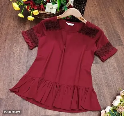 Elegant Maroon Crepe Embroidered Top For Women