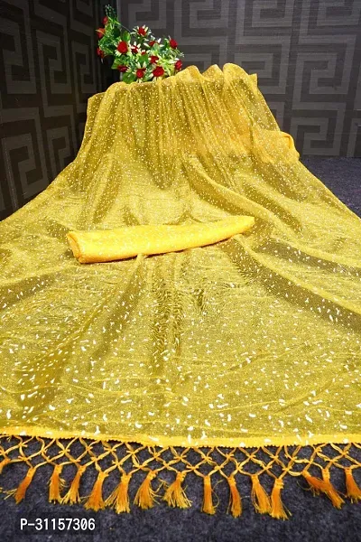 Stylish Net Yellow Block Print Saree with Blouse piece-thumb0