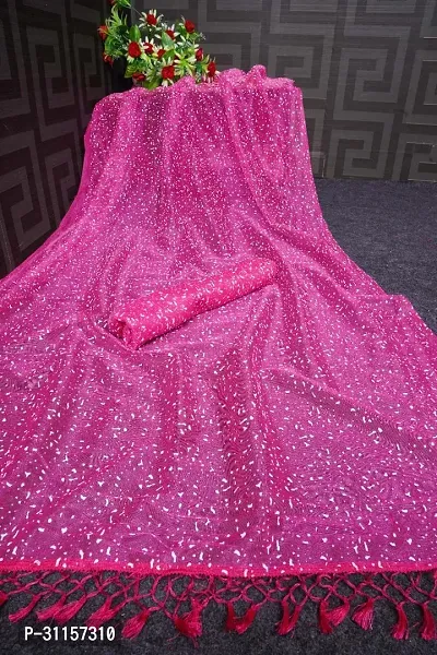 Stylish Net Pink Block Print Saree with Blouse piece