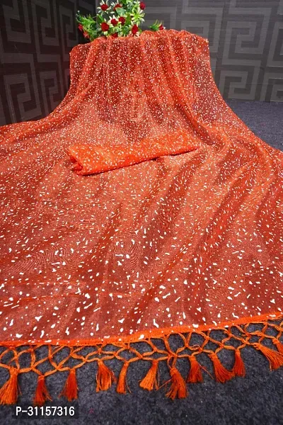 Stylish Net Orange Block Print Saree with Blouse piece