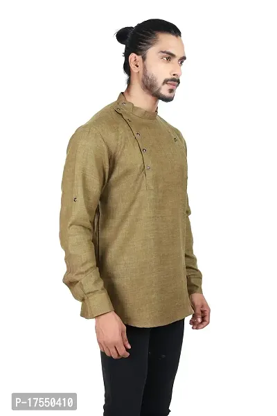 Ethnic Factory Irish Side Pintuck Short Kurta for Men Dark Olive-thumb2