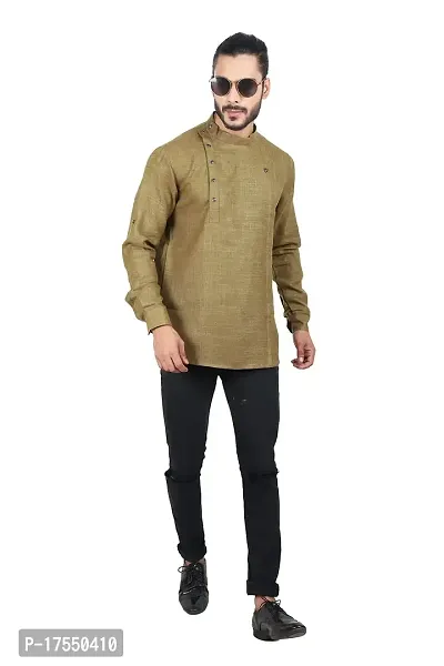 Ethnic Factory Irish Side Pintuck Short Kurta for Men Dark Olive-thumb5