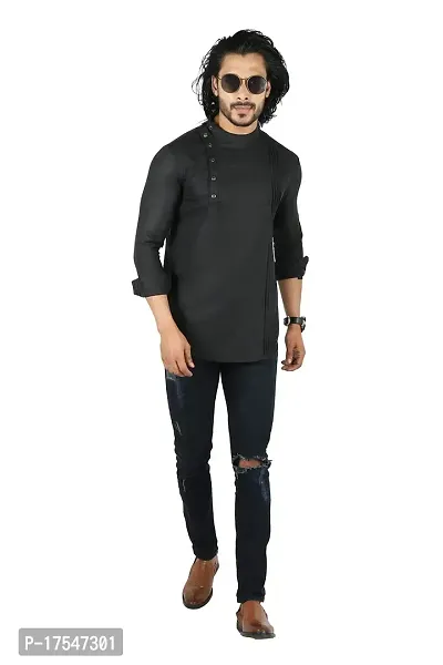 Ethnic Factory Irish Side Pintuck Short Kurta for Men Black-thumb3