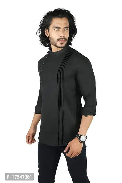 Ethnic Factory Irish Side Pintuck Short Kurta for Men Black-thumb4