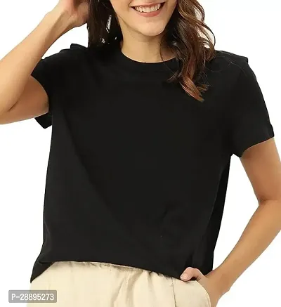 Stylish Black Cotton Solid Half Sleeve Round Neck Tees For Women-thumb0