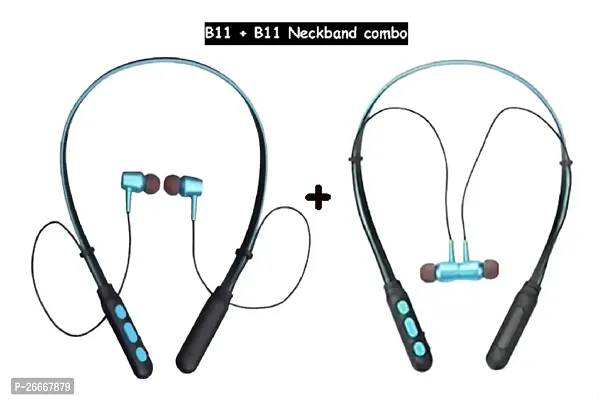 B11 Wireless Bluetooth Neckband Combo Earbud Portable Headset Sports Running Sweatproof Compatible with All Android Smartphones Noise Cancellation.( blue, colors) (pack of 02)-thumb0