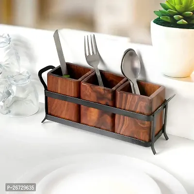 Wood and Wrought Iron Spoon Holder | Kitchen Multipurpose Stand | Table Organizer with 3 Wooden jar-thumb0