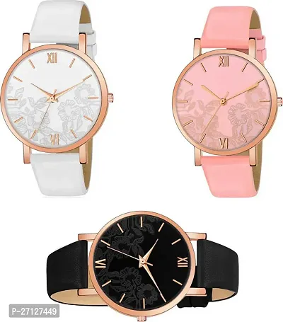 Stylish Multicoloured Leather Analog Watches For Women Pack Of 3-thumb0