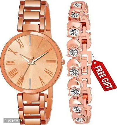 Stylish Golden Metal Analog Watches With Bracelet For Women-thumb0