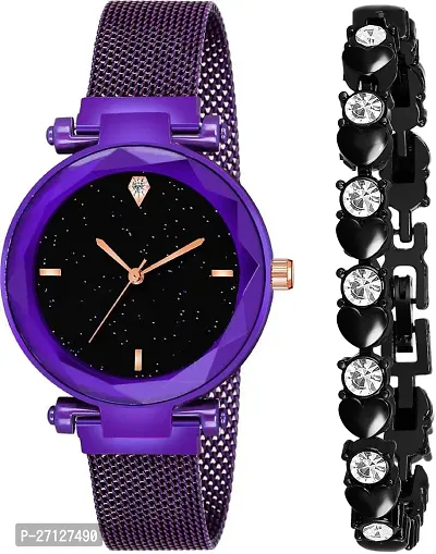 Stylish Purple PU Analog Watches With Bracelet For Women