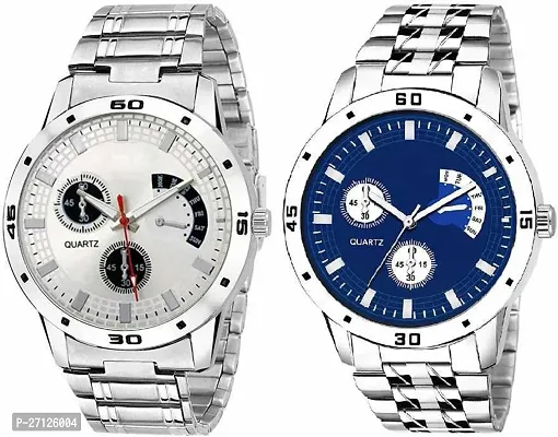 Stylish Silver Metal Analog Watches For Men Pack Of 2-thumb0