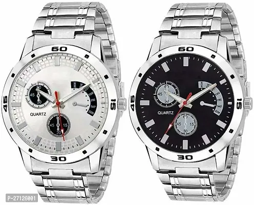 Stylish Silver Metal Analog Watches For Men Pack Of 2-thumb0