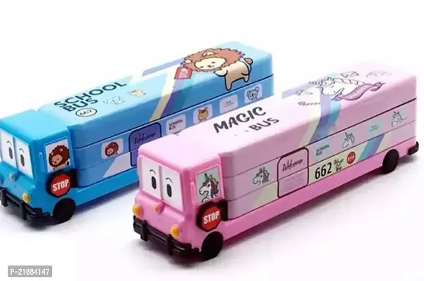 Just Nidz Pencil Box Geometry Box For Kids Girls N Boys, Bus With Moving Tyres Truck For (Pink Or Blue Magic Bus)( Only One Piece)-thumb0