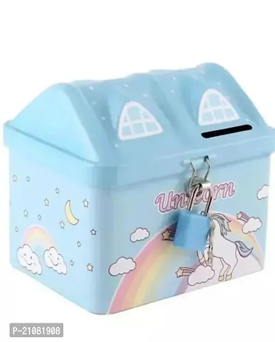 Arn Unicorn Printed Hut Shape Metal Coin Bank Piggy Bank For Kids With Lock And Key, Medium Heart Piggy Bank Multicolor ( Pink Or Blue Anyone As Per Availability)