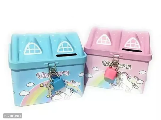 Arn Unicorn Cartoon Printed Hut Shape Metal Money Bank Piggy Bank For Kids Boys and Girls With Lock Pack Of 1 ( Assorted )( Colour May Very On Its Availability )