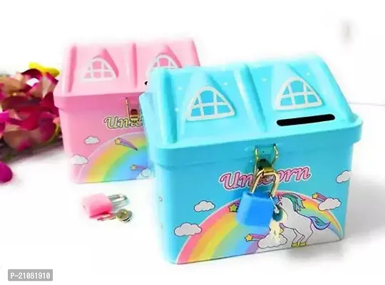 Arn Toys Unicorn Printed Hut Shape Metal Coin Bank Piggy Bank For Kids With Lock And Key, Medium Hut Piggy Bank( Random Colour Pink Or Blue Any One )