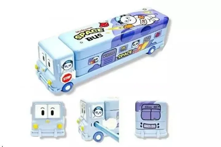 Just Nidz Bus Shape Pencil Box Geometry Box School Bus Pencil Box For Kids Magic Bus Space School Bus With Moving Tyres Metal Pencil Box With 3 Compartments and Cute Eyes (Blue Colour)