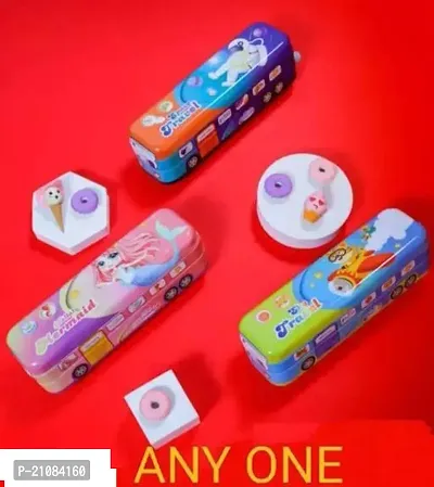 Just Nidz Special ( Space,Mermaid and Sky Travel Any One ) Bus Shape Pencil Box With String Operated Wheels Cartoon Printed Geometry Box For Kids