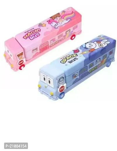 Arn Combo Bus Shape Pencil Box School Bus Geometry Box For Kids Magic Bus Space School Bus With Moving Tyres Metal Pencil Box With 3 Compartments and Cute Eyes (Without Pen, Magic Bus And Space Bus) ( Best Combo Set Kids Return Gift)