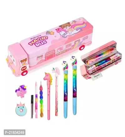 ARN School Stationery Gift Set_9pcs Magic School Bus for Kids Tripal Door Pencil Case with Moving Tyres Geometry Box with School Stationery 2 Unicorn Water Pen, 1 Pencil, 1 Pen, 2 Designer Pencil  2-thumb0