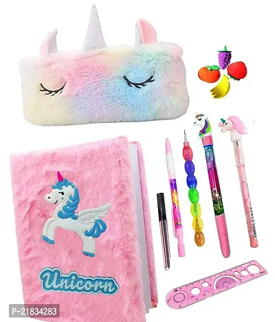 ARN 12 pcs Unicorn Stationery Set for Kids, School Stationery Set Diary, Pen, Pencils, with Lead, Fruit erasers, Scale and Pencil case| Pencil Pouch for Girls All Stationery Gift Set (Combo 2)-thumb0